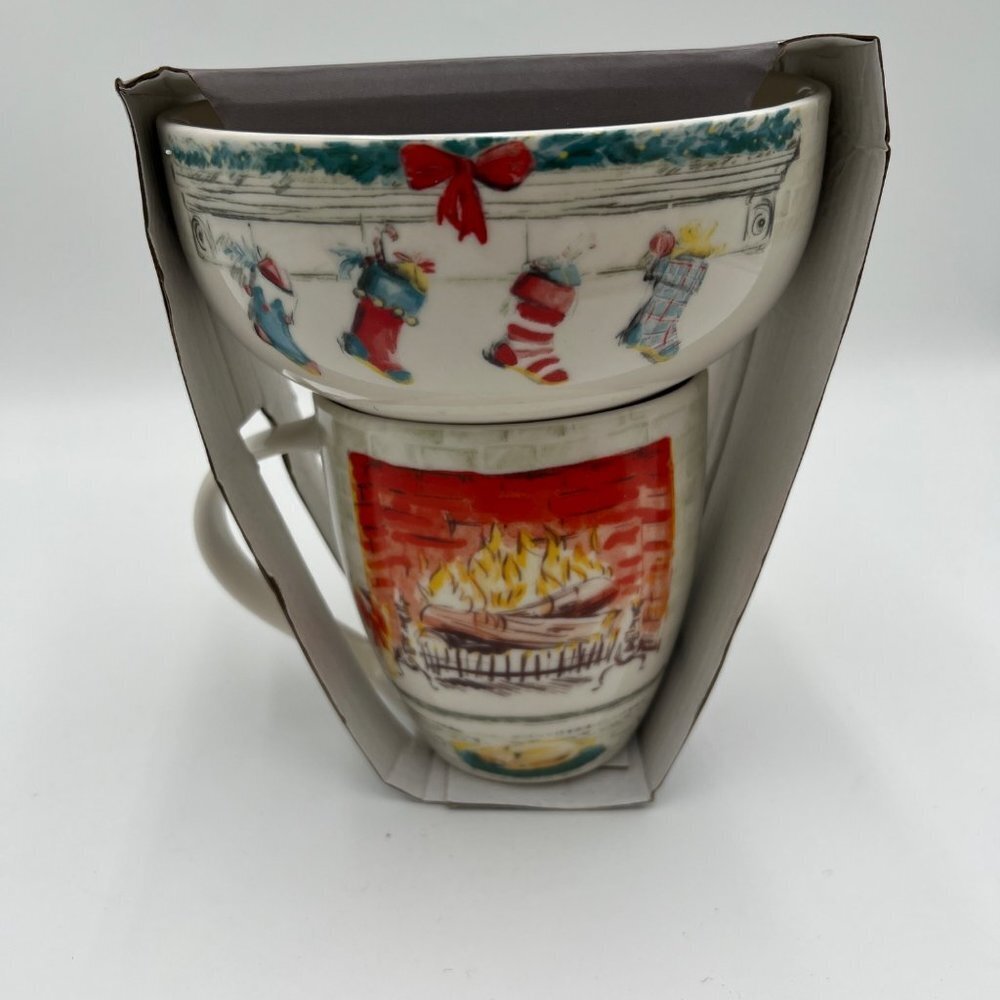 Eaton Fine Dining Christmas Fireplace & Stockings Coffee Mug & Cereal Bowl New